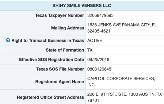 Shiny Smile Veneers was filed in September of 2018.
